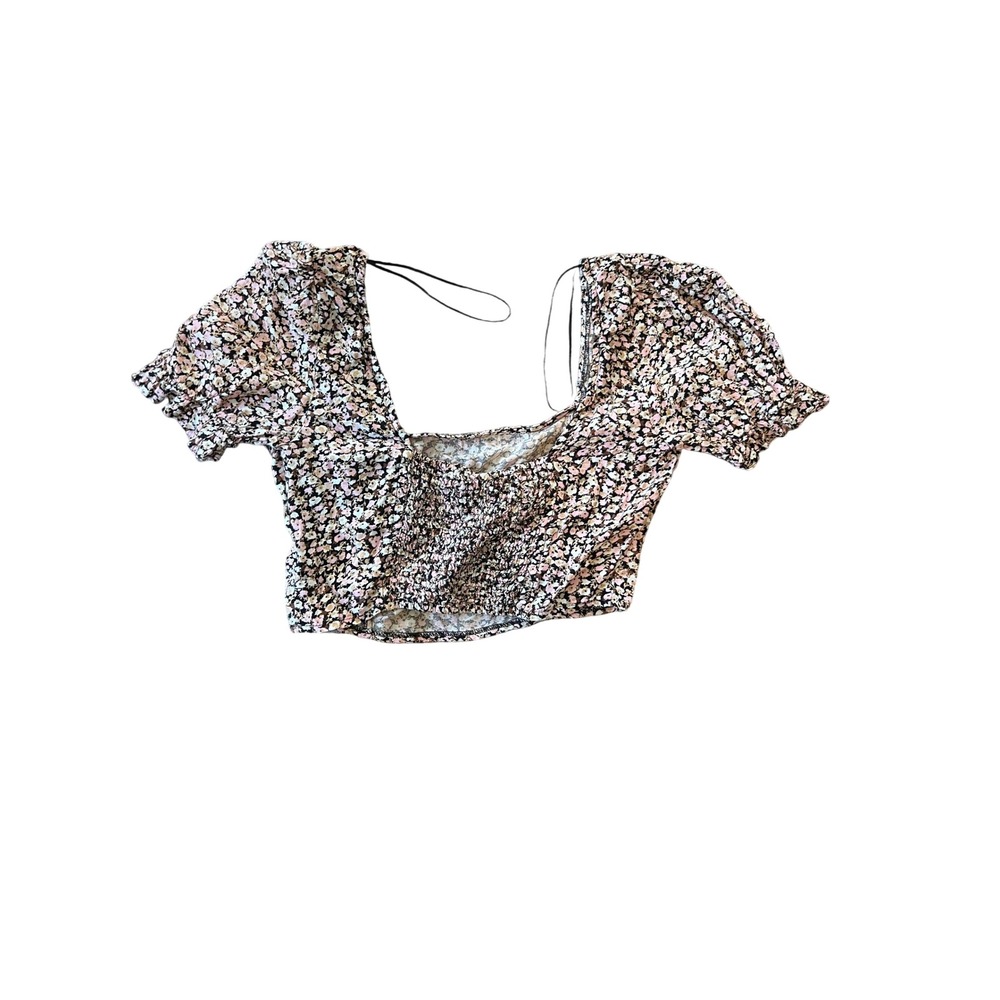 Urban Outfitters Floral Print Crop Top Square Neck Smocked Short‎ Sleeve M